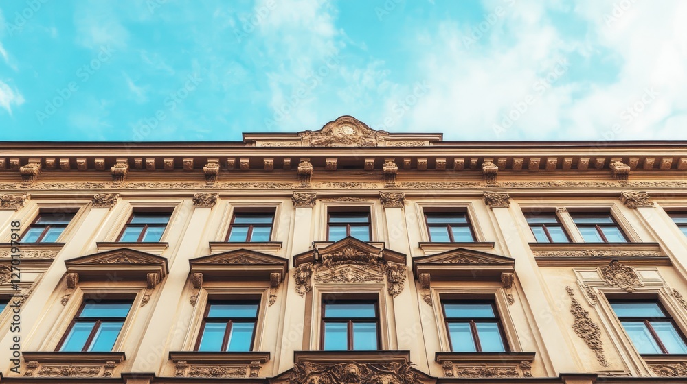 A historic building with an ornate stone faade and empty sky above, offering a majestic view. A historic building with an ornate stone faade and empty sky above, offering a majestic view.