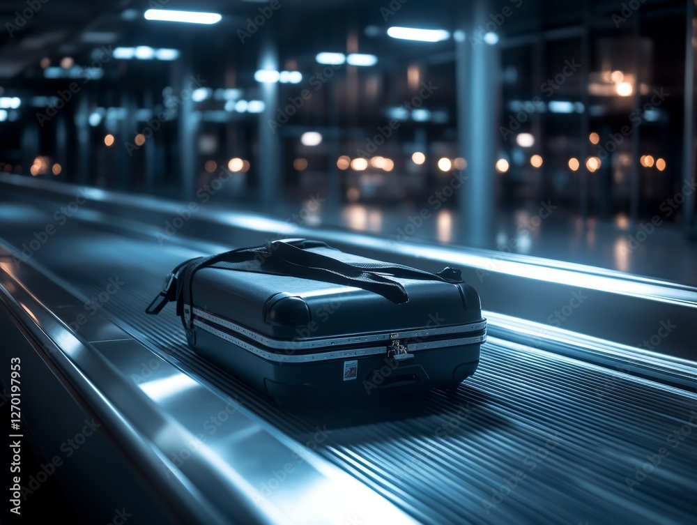 Fototapeta premium Solo Suitcase on Airport Conveyor Belt at Night. - ai