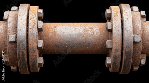 Rusty metal pipe with bolted flanges, isolated on a black background.