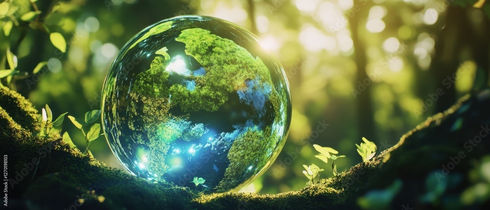 A radiant globe rests on moss, surrounded by vibrant greenery and soft sunlight, symbolizing harmony between nature and the Earth. A radiant globe rests on moss, surrounded by vibrant greenery and soft sunlight, symbolizing harmony between nature and the Earth.