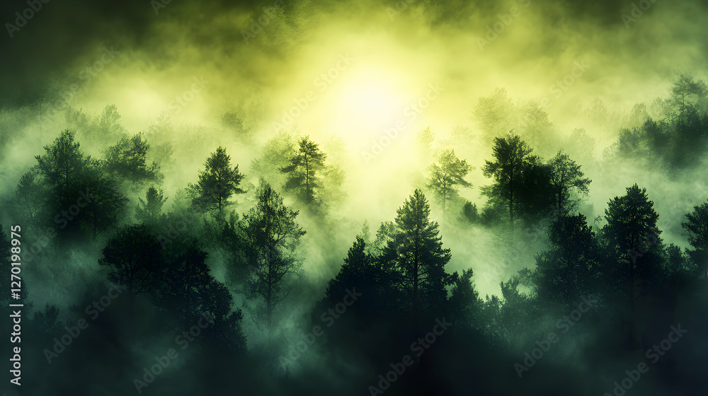 Enigmatic foggy forest scene at dawn, sun rays breaking through dense trees and mist, creating a mystical atmosphere. Enigmatic foggy forest scene at dawn, sun rays breaking through dense trees and mist, creating a mystical atmosphere.