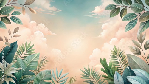 Serene Tropical Foliage Framing a Pastel Sky with Soft Clouds and a Gentle Glow