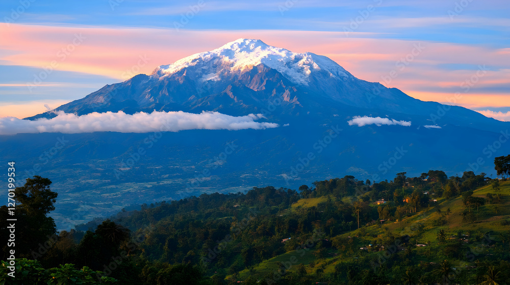 Fototapeta premium Majestic snow-capped mountain peak at sunrise, overlooking lush green valley and hillside villages. Breathtaking landscape photography.