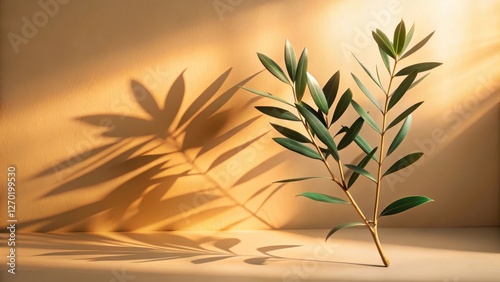 Illuminated Greenery A Branch with Elongated Leaves Casts a Dramatic Shadow Against a Warm-Toned Wall