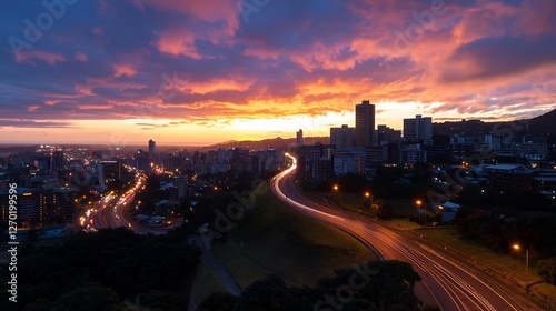 Dramatic Sunset Over South African City With Illuminated Roads and Buildings