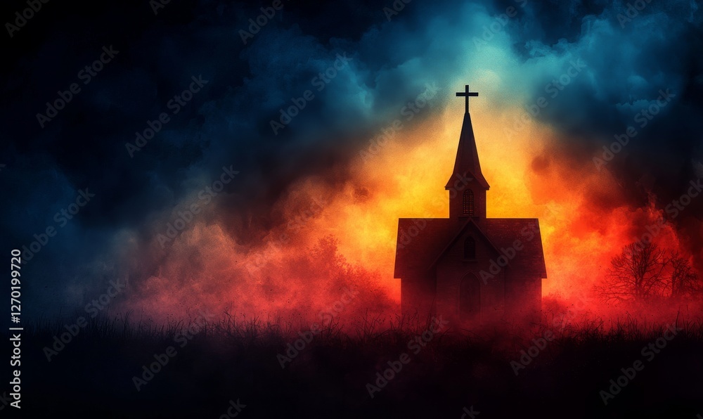 Mysterious Church Silhouette Against Dramatic Colorful Sky with Dark Clouds and Fiery Background Mysterious Church Silhouette Against Dramatic Colorful Sky with Dark Clouds and Fiery Background