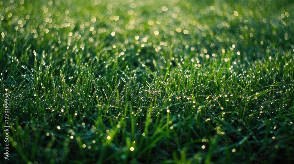 A slightly damp grass field with tiny morning dew droplets glistening in the sunlight. A slightly damp grass field with tiny morning dew droplets glistening in the sunlight.