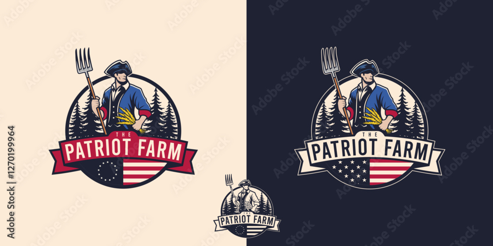 Fototapeta premium A classic vector emblem logo featuring a patriotic farmer. Suitable for agricultural businesses, veteran-owned brands, and patriotic-themed products.