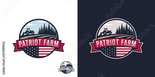 An emblem logo featuring a plough tractor, field farm and american flag, representing a patriotic barn theme.