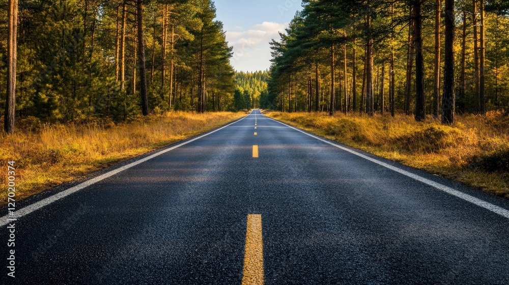 Fototapeta premium A straight road stretching into the distance, surrounded by tall trees and open grassland under a bright sky.