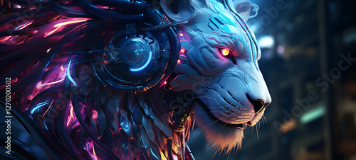 Science lion humanoid cyborg in futuristic neon, ai generative