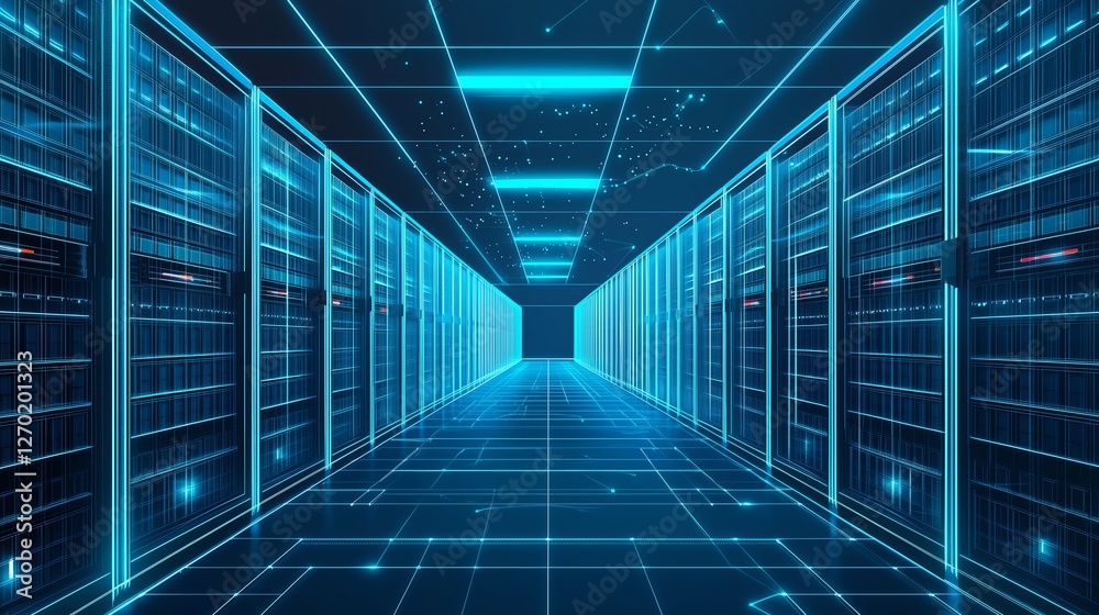 Vast Digital Landscape Featuring Low Poly Wireframe Storage Facility with Neon Blue Lines and High-Tech Elements on a Dark Blue Grid Vast Digital Landscape Featuring Low Poly Wireframe Storage Facility with Neon Blue Lines and High-Tech Elements on a Dark Blue Grid