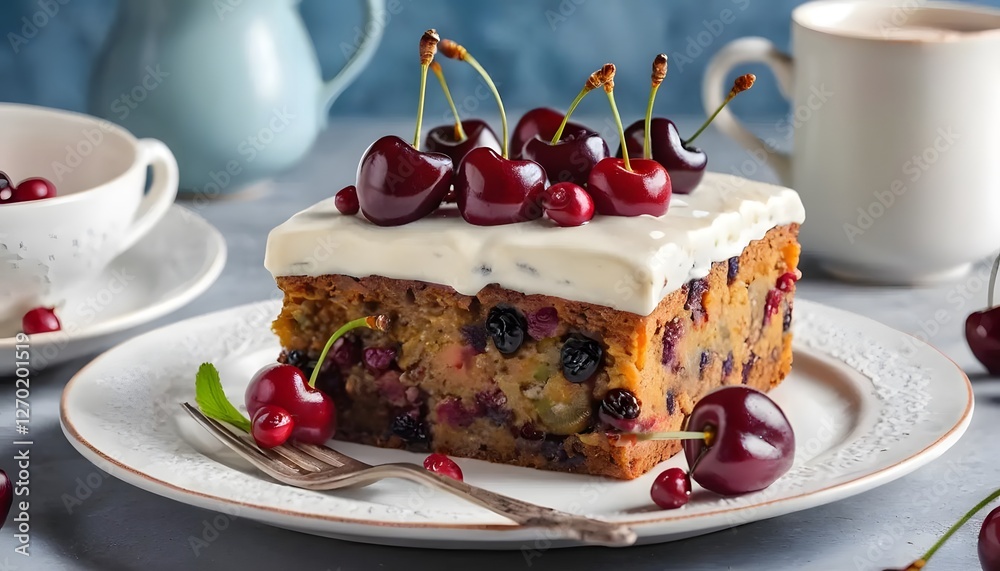 Delicious Cherry and Berry Cake Slice with Cream Topping Gourmet Dessert Delicious Cherry and Berry Cake Slice with Cream Topping Gourmet Dessert