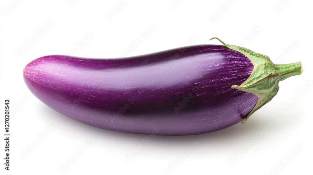 A whole purple eggplant with a smooth surface, placed on a white background. A whole purple eggplant with a smooth surface, placed on a white background.