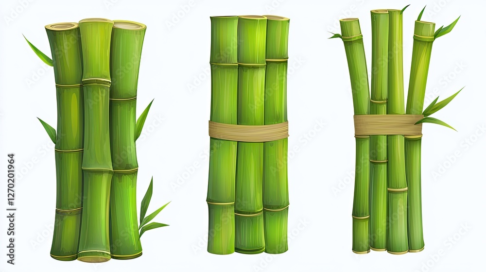 Fototapeta premium Bamboo stalks, fresh green with visible segments, isolated on white background.