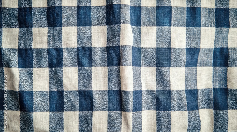 Blue and white gingham tablecloth fabric with a woven texture, filling the background. Blue and white gingham tablecloth fabric with a woven texture, filling the background.