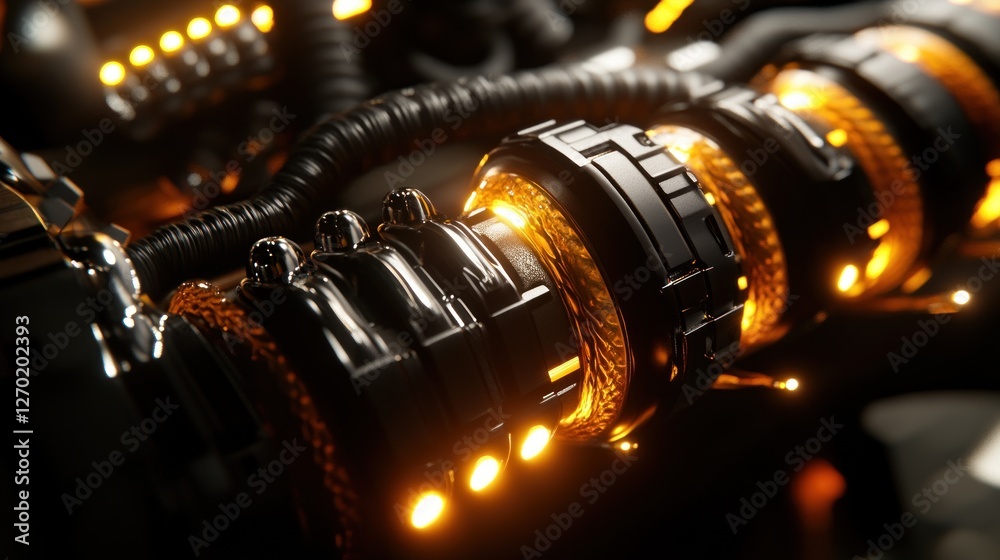 Glowing Tech Pipes, Dark Studio, Futuristic Background Glowing Tech Pipes, Dark Studio, Futuristic Background