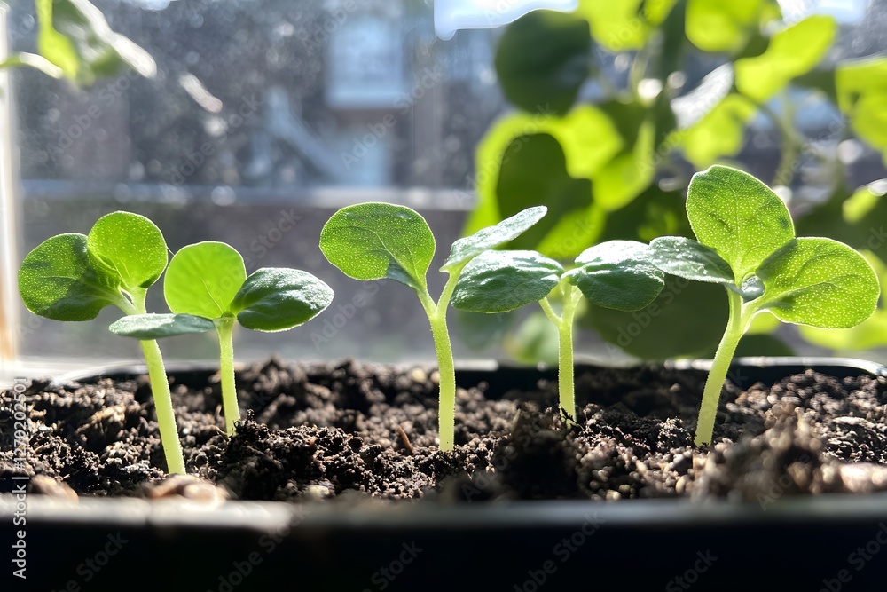 Four Tiny Seedlings Emerging from Dark Soil in a Window Box Basking in the Warm Sunlight of a New Spring Day. Four Tiny Seedlings Emerging from Dark Soil in a Window Box Basking in the Warm Sunlight of a New Spring Day.