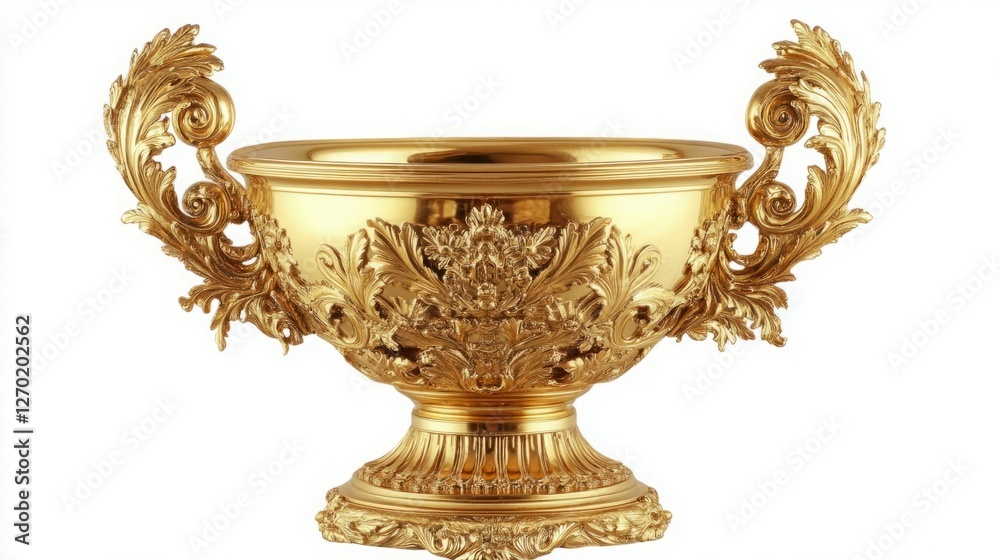 Ornate gold bowl with intricate detailing and two handles. A luxurious and opulent centerpiece. Ornate gold bowl with intricate detailing and two handles. A luxurious and opulent centerpiece.