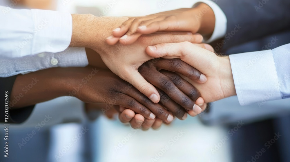 Obraz premium Diverse hands clasped, teamwork, office background