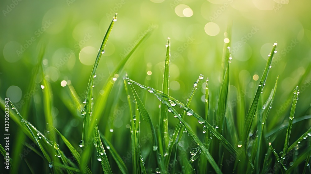 Obraz premium Close-up of fresh green grass with dewdrops, a soft focus, and a natural outdoor feel.