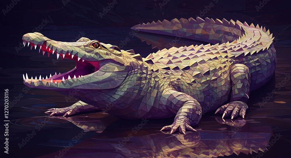 Obraz premium Low poly alligator with open mouth lying in dark water