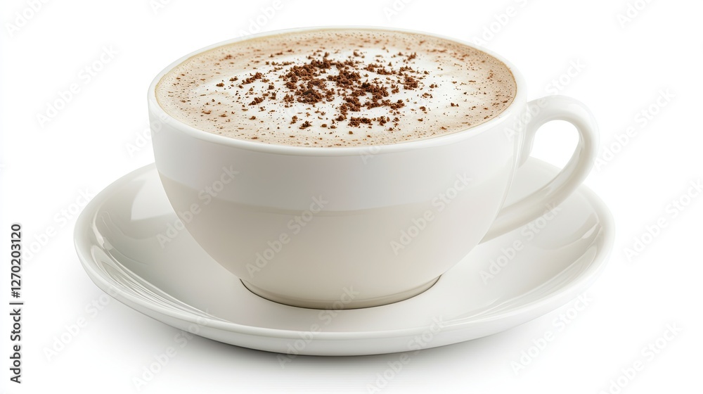 Cup of cappuccino, frothy milk foam and cocoa dusting, isolated on white. Cup of cappuccino, frothy milk foam and cocoa dusting, isolated on white.