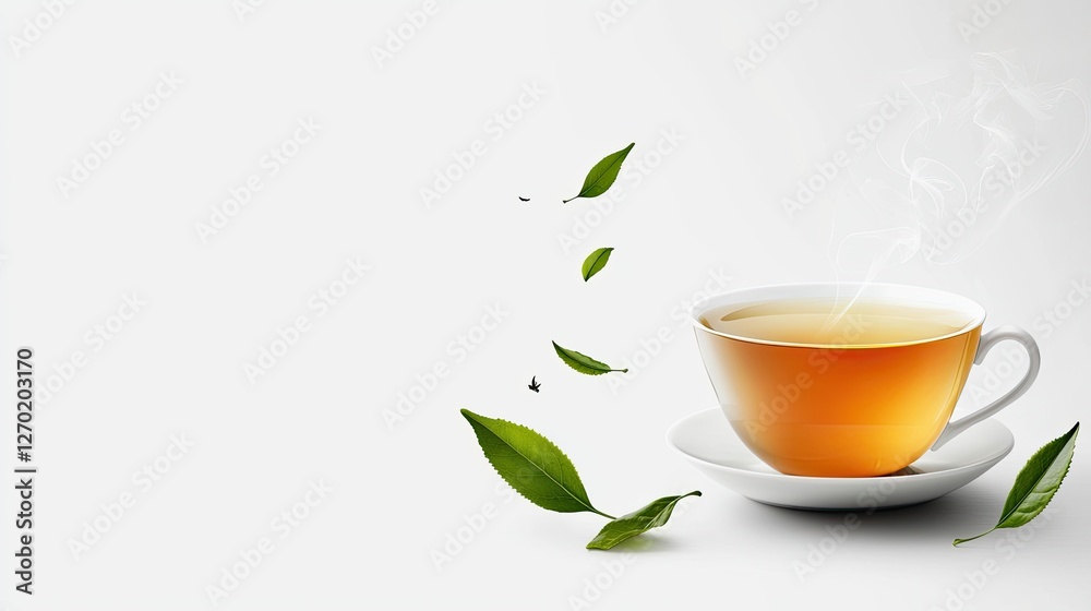 Cup of green tea, steaming with floating leaves, isolated on white. Cup of green tea, steaming with floating leaves, isolated on white.