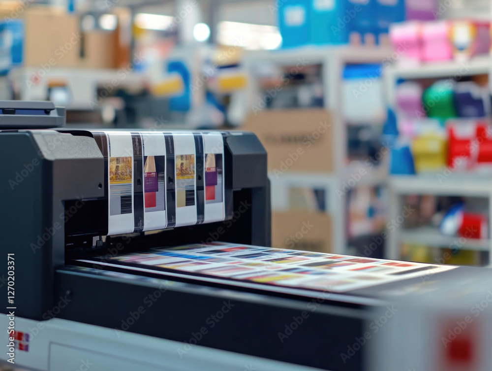 Industrial printing machine prints colorful promotional material Industrial printing machine prints colorful promotional material