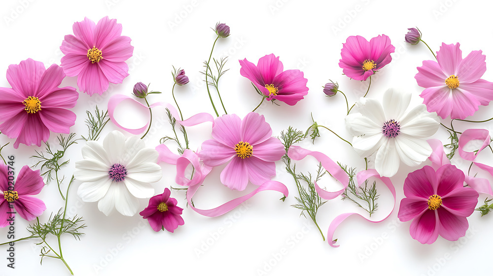 Fototapeta premium A beautiful cosmos arrangement, a decorative flower border, and blossoms on a white backdrop