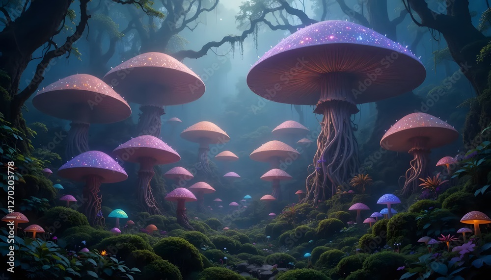 Fototapeta premium Enchanted Forest with Giant Mushrooms and Sparkling Lights Fantasy Landscape
