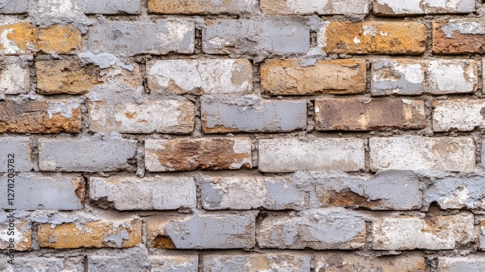 Obraz premium Faded and rough brick wall with patches of discoloration and cracks, adding an authentic aged charm.