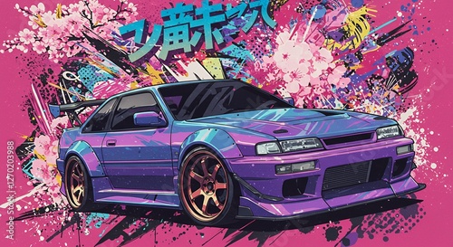 Sporty car with cherry blossoms and japanese text behind