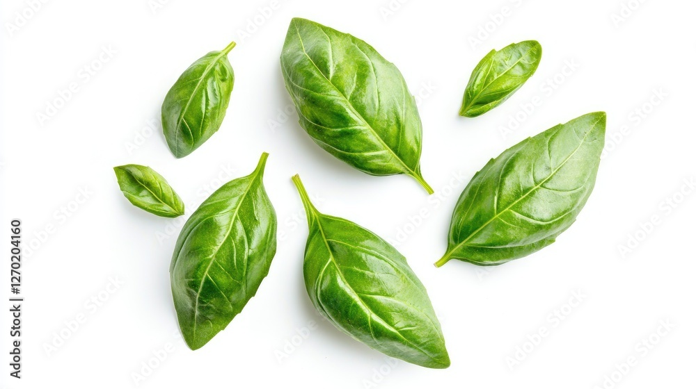 Fresh green basil leaves, vibrant and aromatic, isolated on a white background, top view. Fresh green basil leaves, vibrant and aromatic, isolated on a white background, top view.