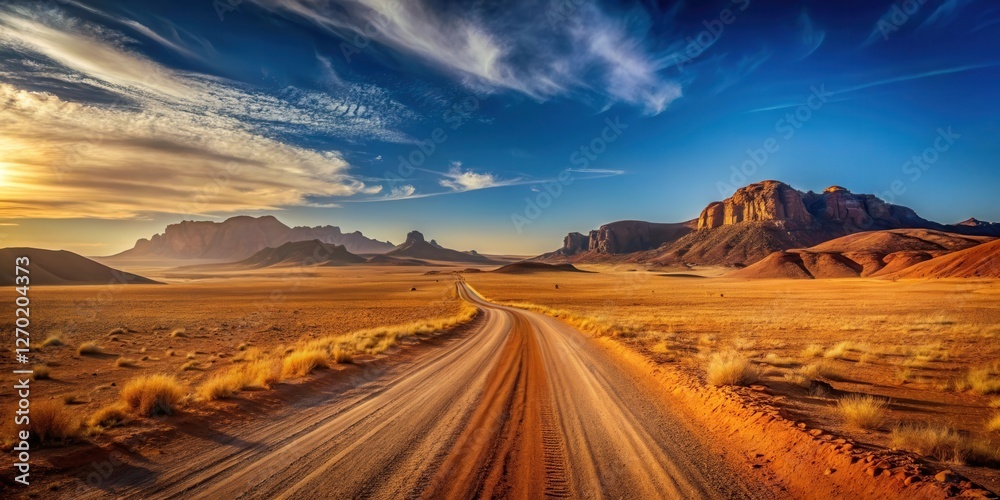 Fototapeta premium A scenic desert road unfolds towards majestic, sunlit rock formations under a vibrant, cloud-streaked sky