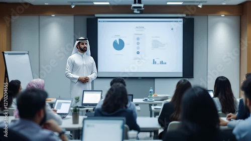 UAE Business Presentation: A Man in Traditional Clothing Delivers a Presentation to a Diverse Group of Attendees in a Modern Conference Room