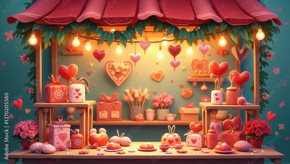 A romantic market stall adorned with heart-shaped balloons, roses, and gift boxes, creating a warm and love-filled atmosphere, perfect for a special celebration. Generative, AI, A romantic market stall adorned with heart-shaped balloons, roses, and gift boxes, creating a warm and love-filled atmosphere, perfect for a special celebration. Generative, AI,