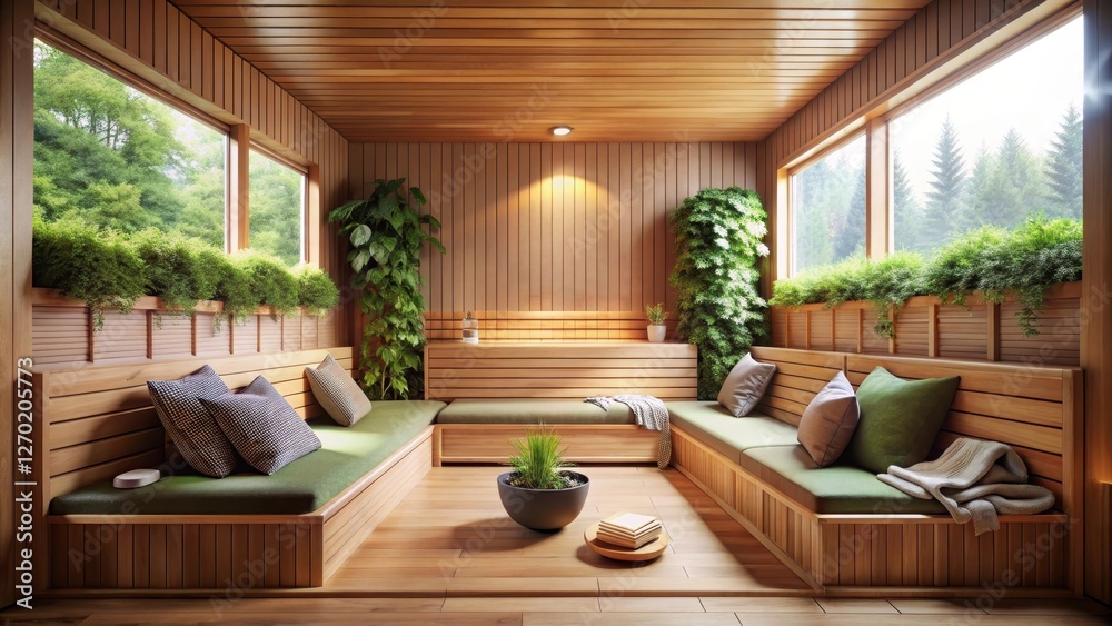 Fototapeta premium Serene Wooden Sanctuary A Relaxing Indoor Retreat with Lush Greenery and Comfortable Seating