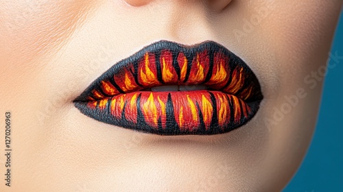Closeup Artistic Lip Design with Fire Pattern