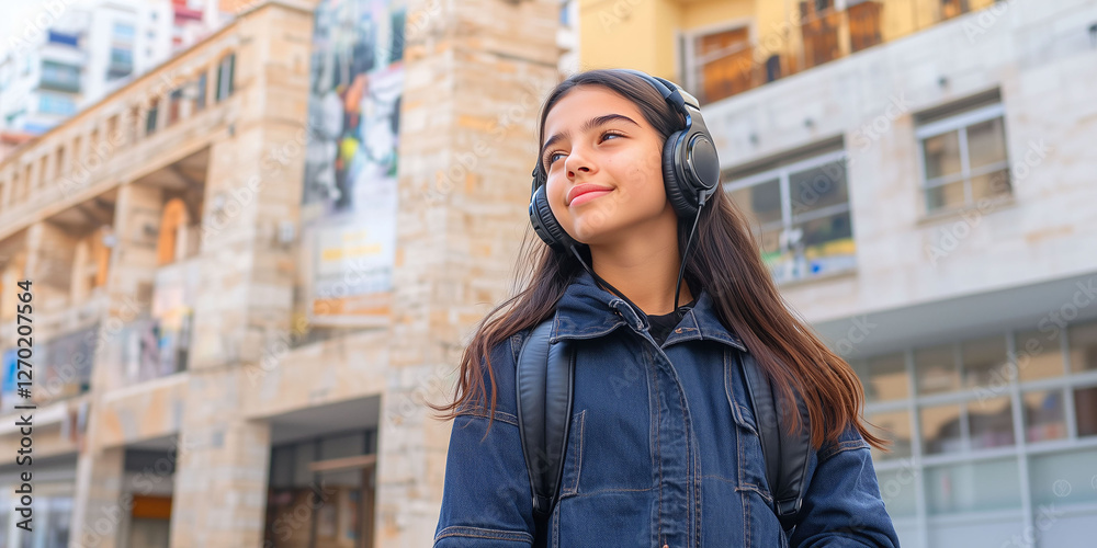 Fototapeta premium Latina teenager, walking through city streets, listening to music with headphones