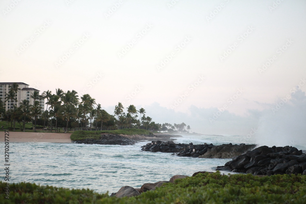 Ko'Olina, Hawaii lagoon, landscape view with ocean, sand, palm trees, horizon Ko'Olina, Hawaii lagoon, landscape view with ocean, sand, palm trees, horizon