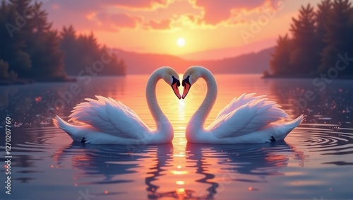 Fototapeta Naklejka Na Ścianę i Meble -  Two swans forming a heart shape with their necks, gracefully floating on a peaceful lake at sunset, creating a romantic and serene atmosphere. Generative, AI,