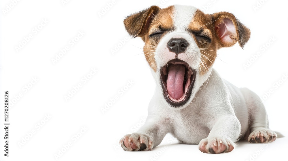 Tiny puppy yawning, mouth wide open, looking sleepy, isolated on white background. Tiny puppy yawning, mouth wide open, looking sleepy, isolated on white background.