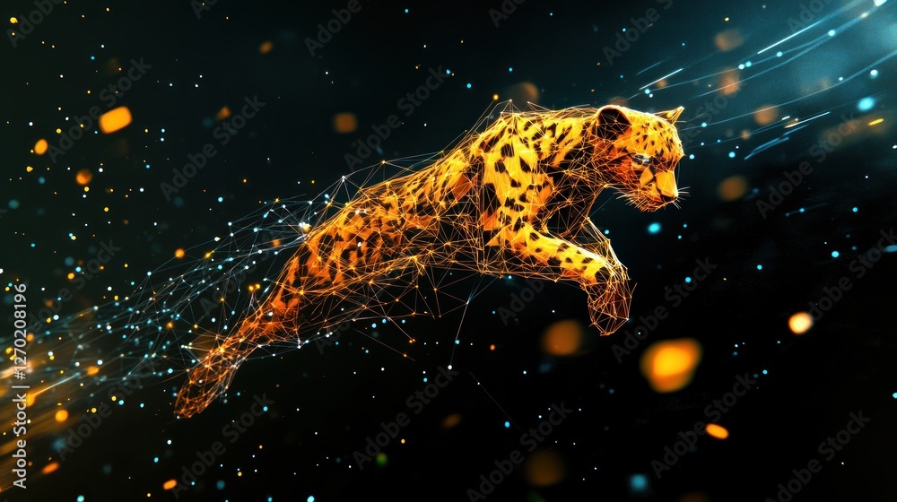 Fototapeta premium Leaping Jaguar, Digital Art, Dark Space, Energy