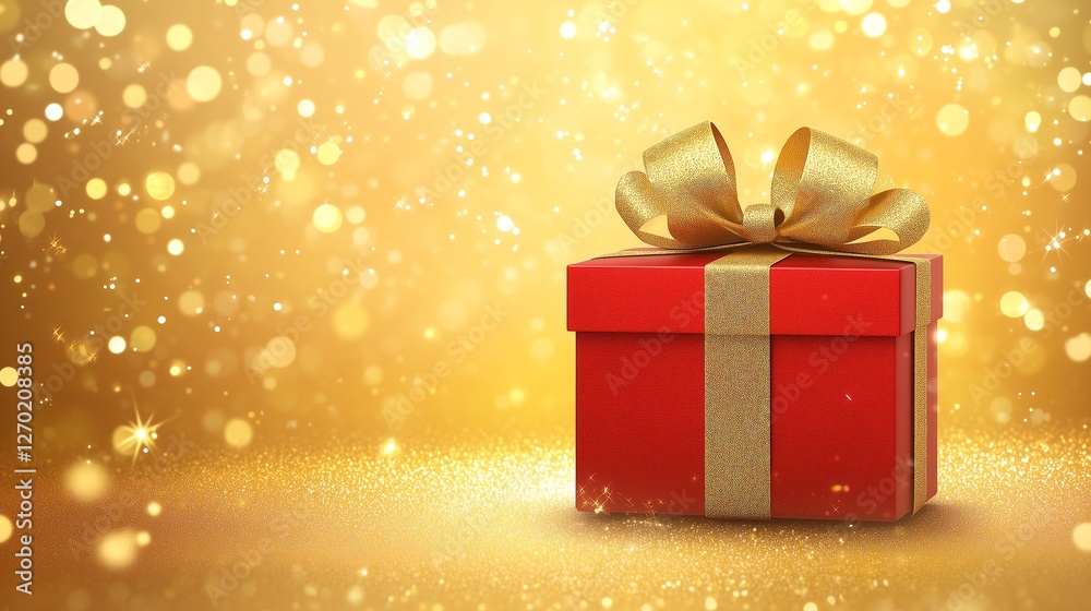 Red gift box with a golden ribbon on a luminous golden background, clean copy space for text on both sides. Red gift box with a golden ribbon on a luminous golden background, clean copy space for text on both sides.