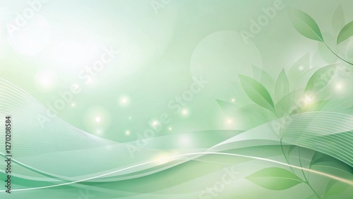 Serene Green Abstract Background with Flowing Lines and Delicate Leaf Designs, Ideal for Wellness and Nature Themes