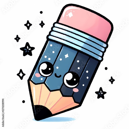 A cute pencil, watercolor style, black outline, with a pastel-colored eraser, sharpened