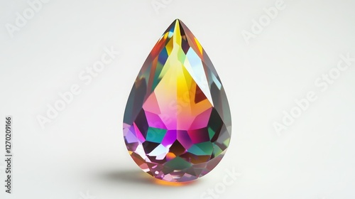 A vibrant pear-shaped gemstone with a captivating rainbow of colors.  The intricate facets shimmer with pink, orange, yellow, and green hues against a clean white background.