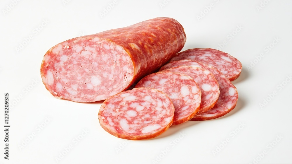 A sliced mortadella sausage with visible fat marbling, displayed on a white background.