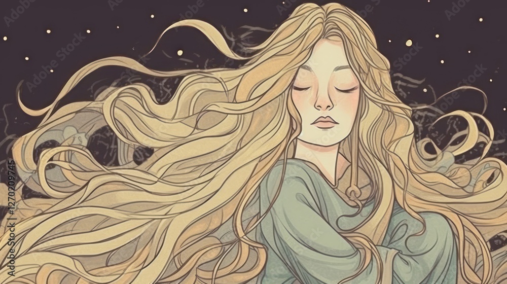 Dreamy serene woman with flowing golden hair against cosmic darkness Dreamy serene woman with flowing golden hair against cosmic darkness